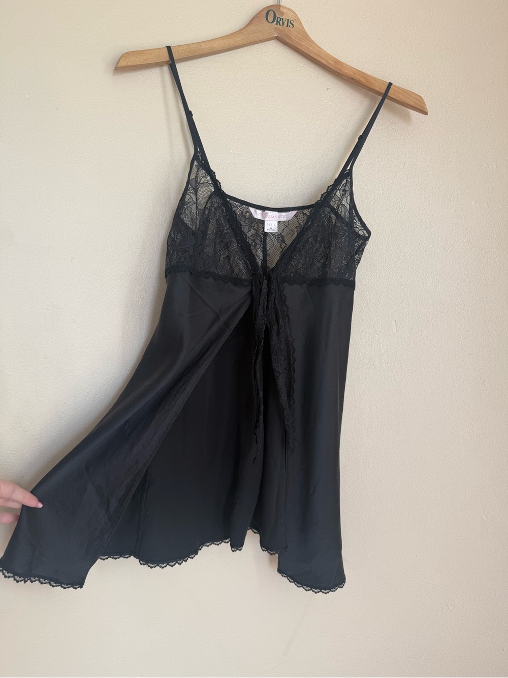 100% Silk (2001) Victoria’s Secret Black Lace Trim Chemise/Baby Doll Tie Top